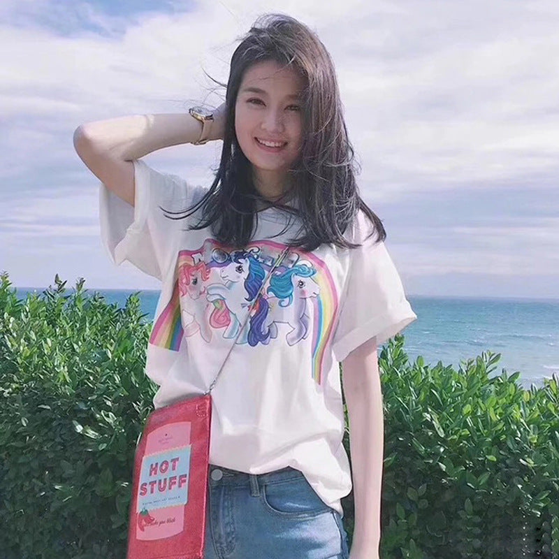 Star Tong Liya Unicorn Rainbow Pony T-shirt Loose Short-sleeved 2022 Spring and Summer New for Men and Women Couple