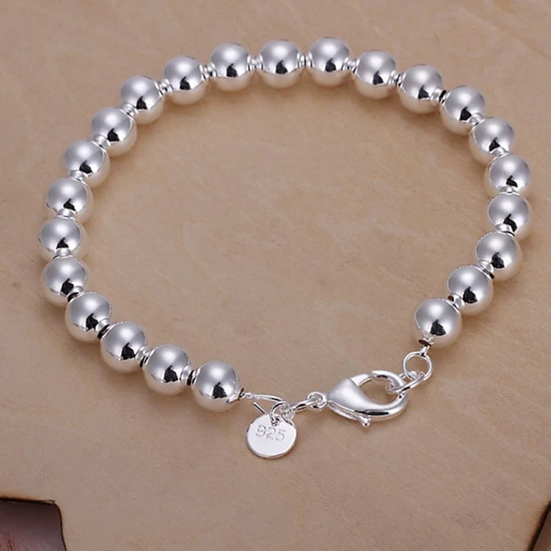 Bracelet Chaîne Perles 8mm Argenté - Bijou Couple & Mariage