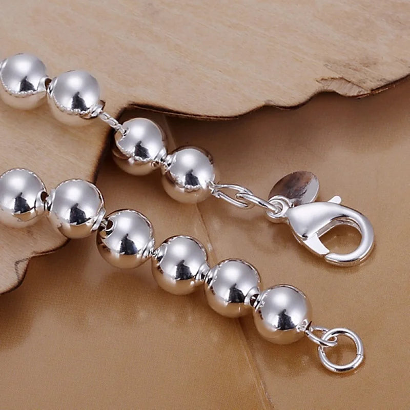 Bracelet Chaîne Perles 8mm Argenté - Bijou Couple & Mariage
