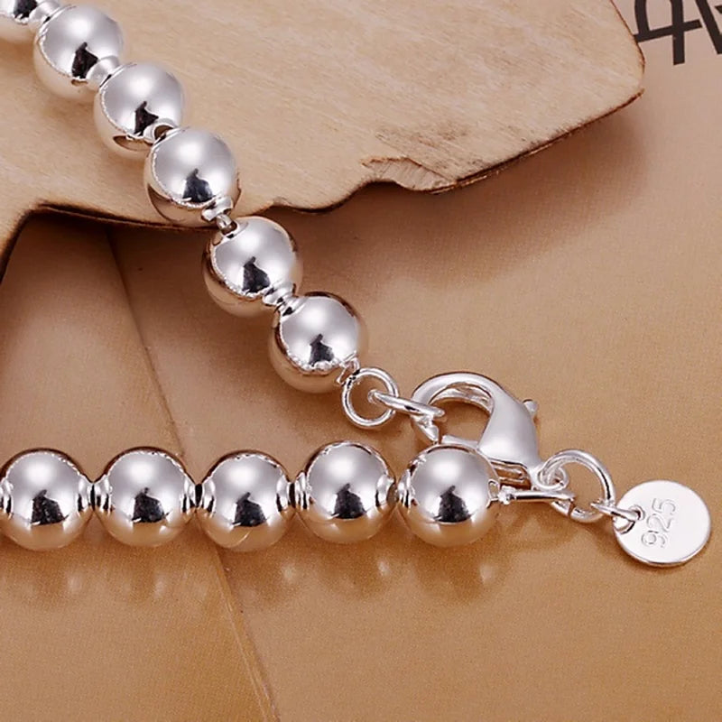 Bracelet Chaîne Perles 8mm Argenté - Bijou Couple & Mariage