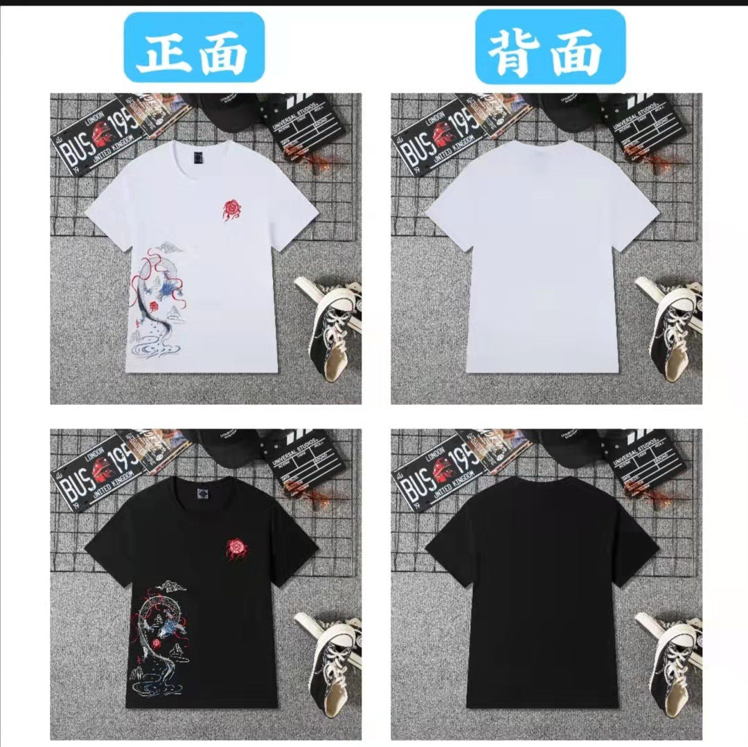 Summer New Embroidered Short-Sleeved T-Shirts for Young Men, Cotton Loose Round Neck Trendy T-Shirts for Men, Ready for Delivery
