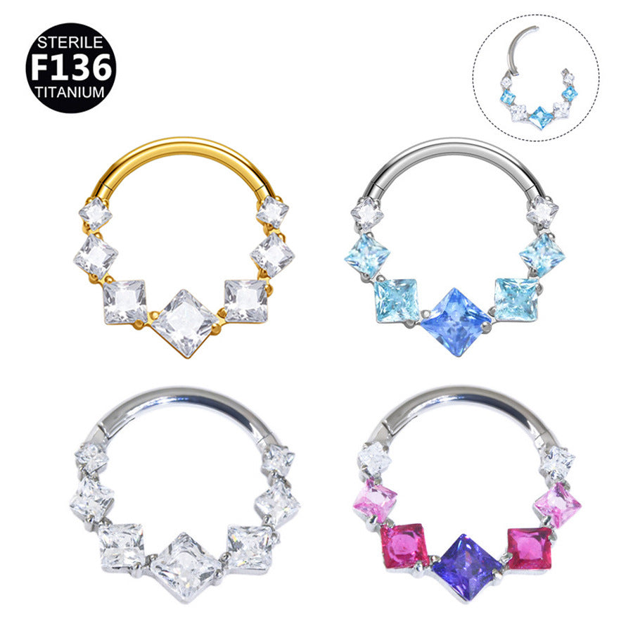 1.2mm thick 8~10mm inner diameter titanium alloy square color stitching zircon nose ring nasal septum puncture jewelry