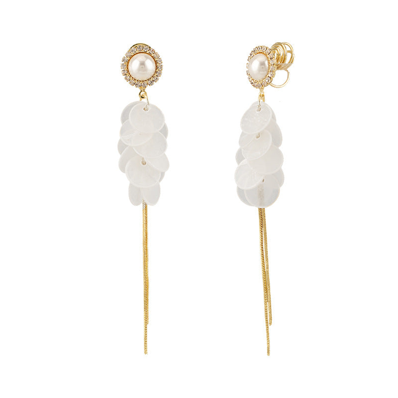 Diamond Round Pearl Shell Tassel Earrings French Elegant Korean Style Light Luxury Advanced Mosquito Incense Plate Ear Clip