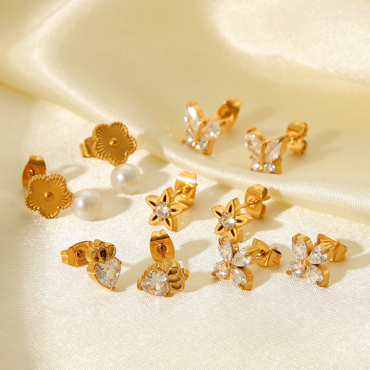 European and American Fashion Distinctive Butterfly Zircon Star Earrings Ins Light Luxury Stainless Steel Five-petal Flower Pearl Earrings Earrings
