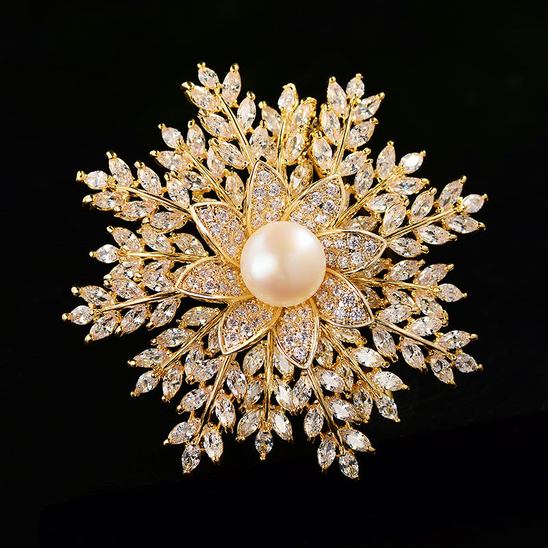 Korean Style Fashion Double Layer Snowflake Brooch High-end Exquisite Freshwater Pearl Corsage Autumn and Winter Coat Cardigan Accessories Pin