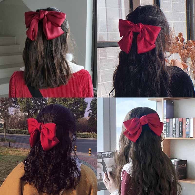 Korean Same Style Red Big Bow Hairpin Female Back Head Top Clip Simple French Retro Popular Kidsren's Hair Accessories