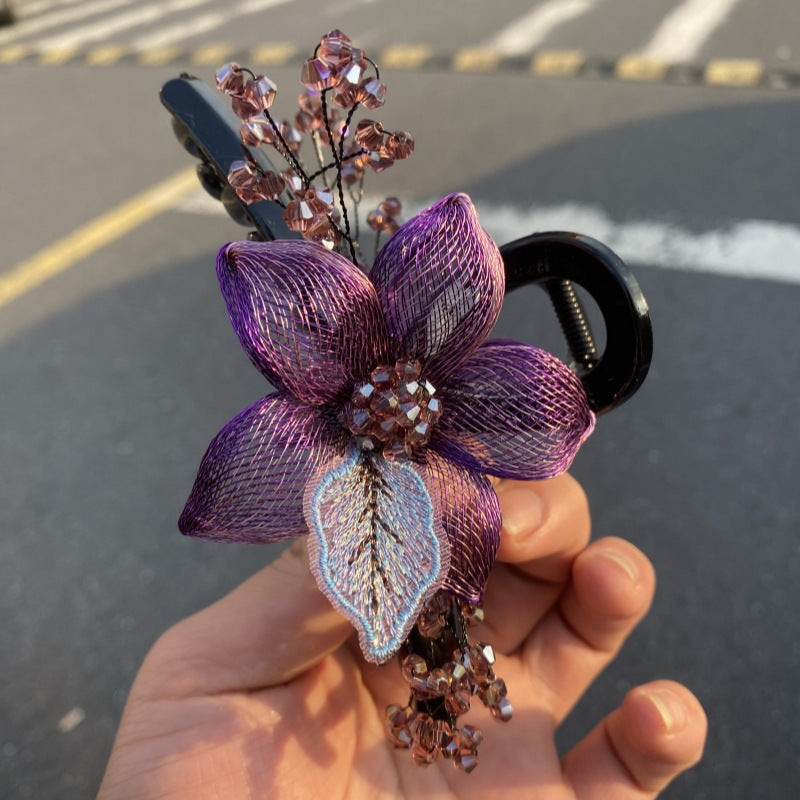 Korean-Style High-End Handmade Copper Wire Braided Flower Hair Clip, Plastic Resin Large Shark Clip for Updo at the Back of the Head