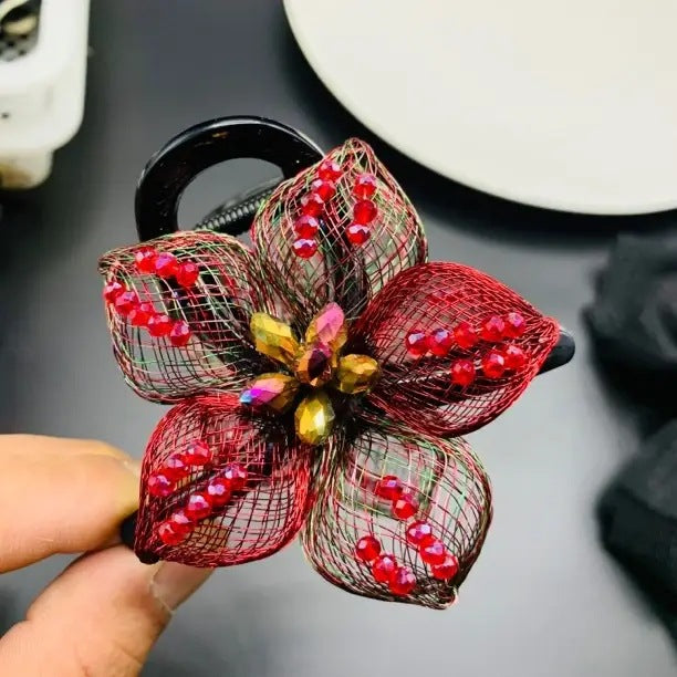 Korean-Style High-End Handmade Copper Wire Braided Flower Hair Clip, Plastic Resin Large Shark Clip for Updo at the Back of the Head