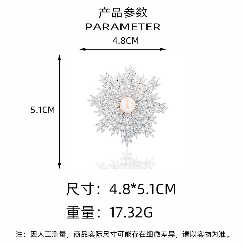 Korean Style Fashion Double Layer Snowflake Brooch High-end Exquisite Freshwater Pearl Corsage Autumn and Winter Coat Cardigan Accessories Pin