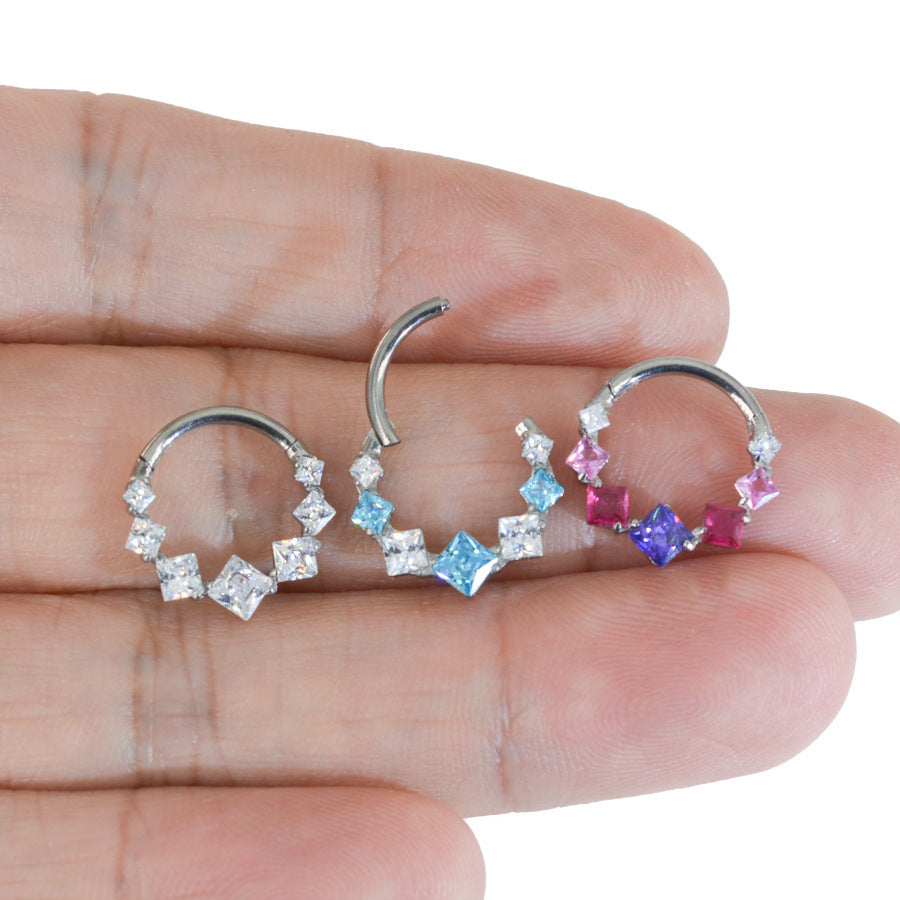 1.2mm thick 8~10mm inner diameter titanium alloy square color stitching zircon nose ring nasal septum puncture jewelry