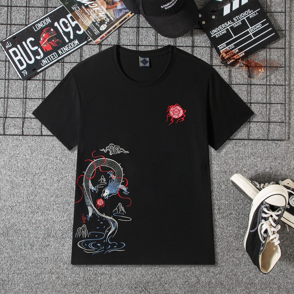 Summer New Embroidered Short-Sleeved T-Shirts for Young Men, Cotton Loose Round Neck Trendy T-Shirts for Men, Ready for Delivery
