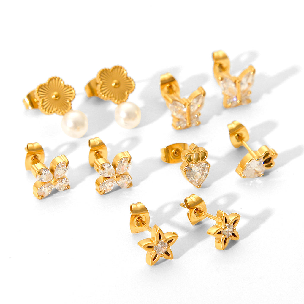 European and American Fashion Distinctive Butterfly Zircon Star Earrings Ins Light Luxury Stainless Steel Five-petal Flower Pearl Earrings Earrings
