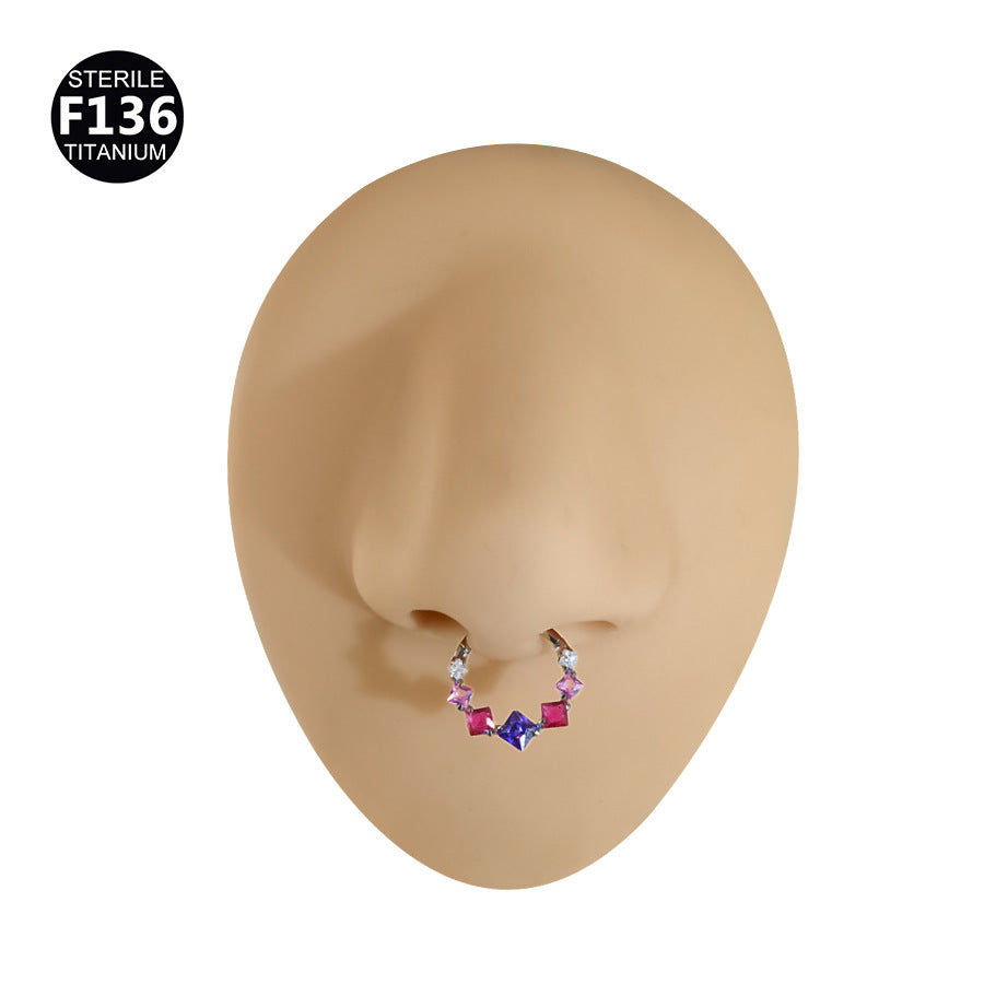 1.2mm thick 8~10mm inner diameter titanium alloy square color stitching zircon nose ring nasal septum puncture jewelry