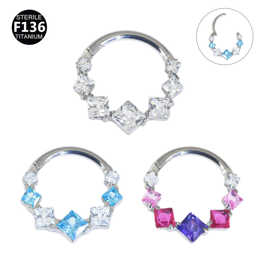 1.2mm thick 8~10mm inner diameter titanium alloy square color stitching zircon nose ring nasal septum puncture jewelry
