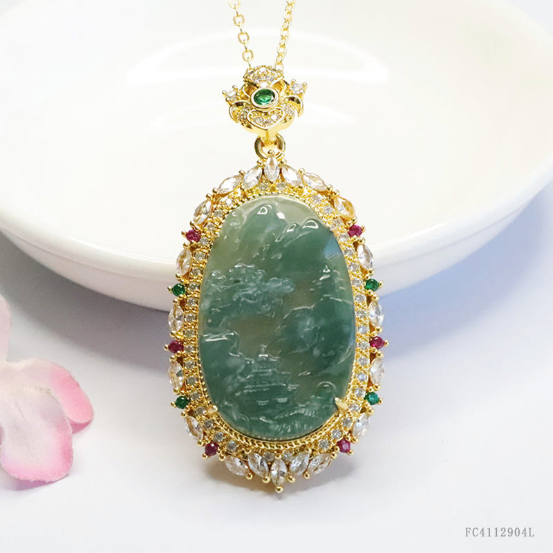 Guan Yu Natural Grade a Jadeite Blue Water Landscape Brand Inlaid Pendant Necklace Jewelry Live Streaming Kuaishou S4112904L