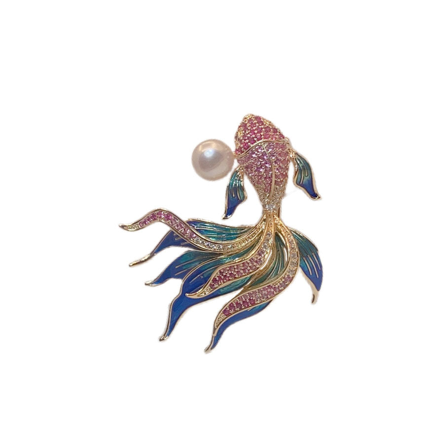 Guofeng Pearl Goldfish Brooch Women's High-end Sense Exquisite Fashion Koi Suit Coat Elegant Corsage Pin Accessories