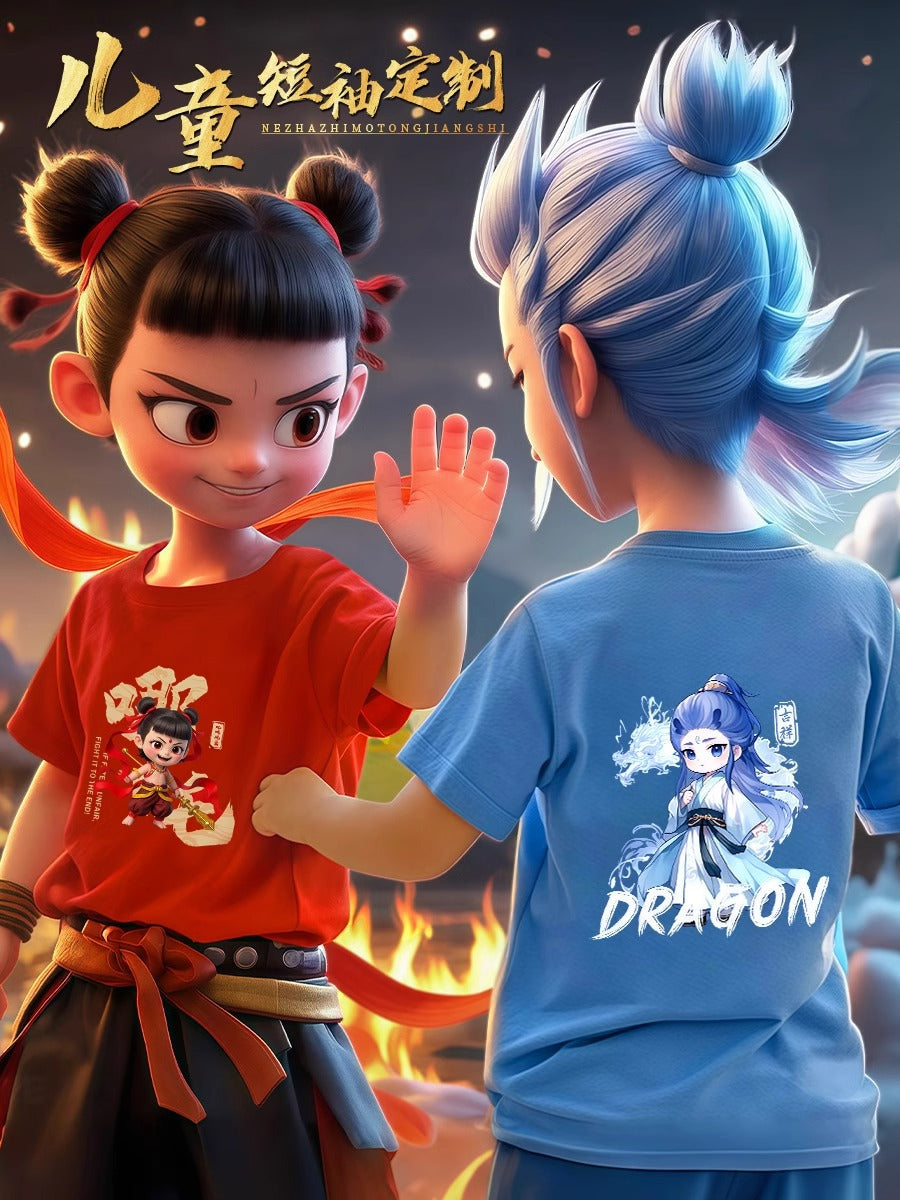 Nezha and Ao Bing Style Pure Cotton T-Shirts, Round Neck Cultural Shirts, Class Uniforms, Kindergarten Group Wear, Casual and Versatile