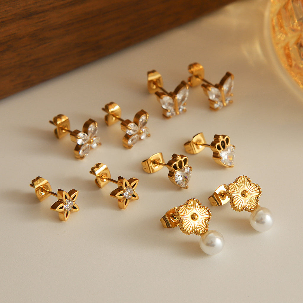 European and American Fashion Distinctive Butterfly Zircon Star Earrings Ins Light Luxury Stainless Steel Five-petal Flower Pearl Earrings Earrings