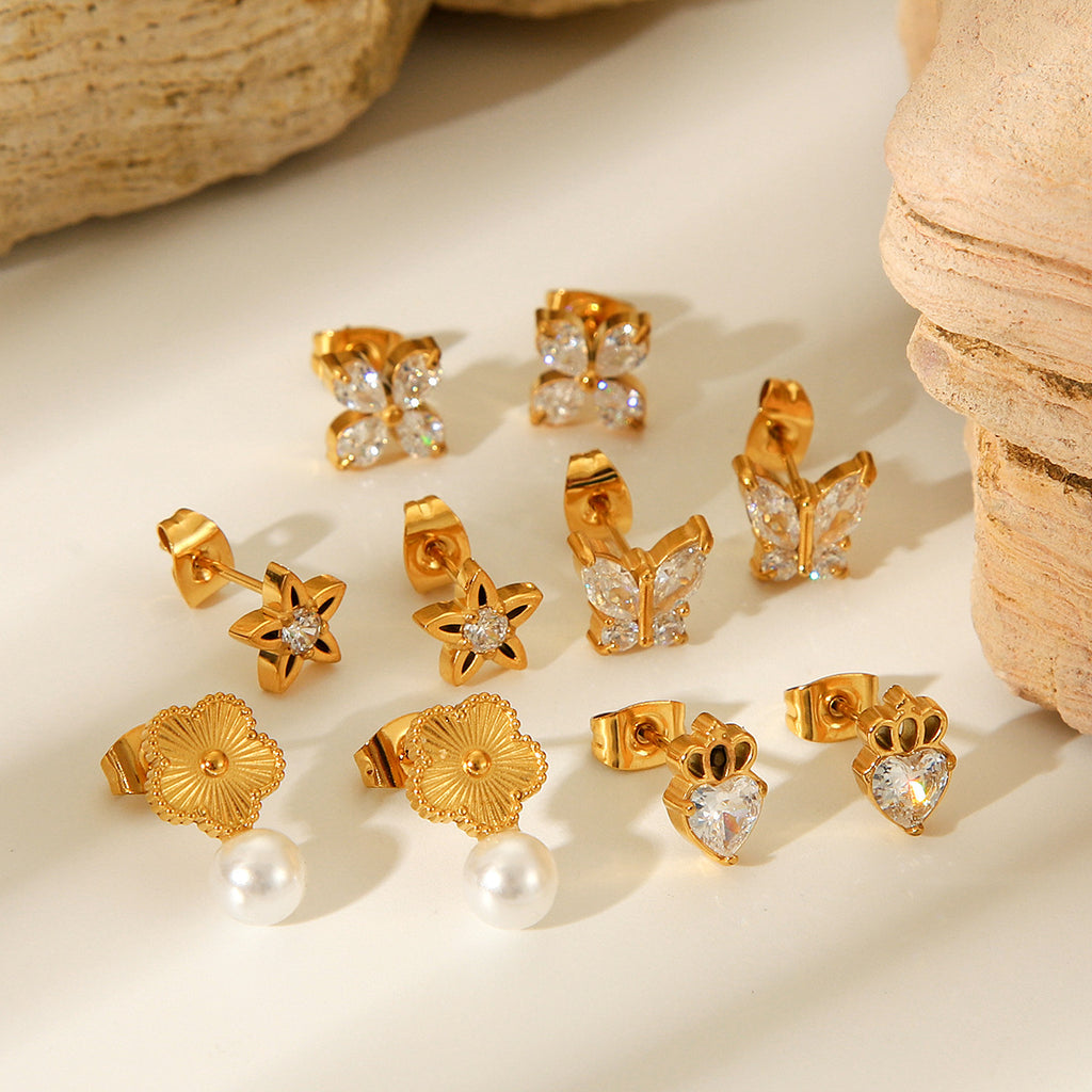 European and American Fashion Distinctive Butterfly Zircon Star Earrings Ins Light Luxury Stainless Steel Five-petal Flower Pearl Earrings Earrings