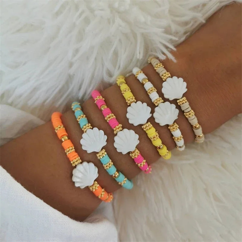 CCGOOD Stackable Polymer Clay Heishi Bracelet for Women Natural Shell Scallop Shaped Bracelets Gift Boho Summer Beach Jewelry