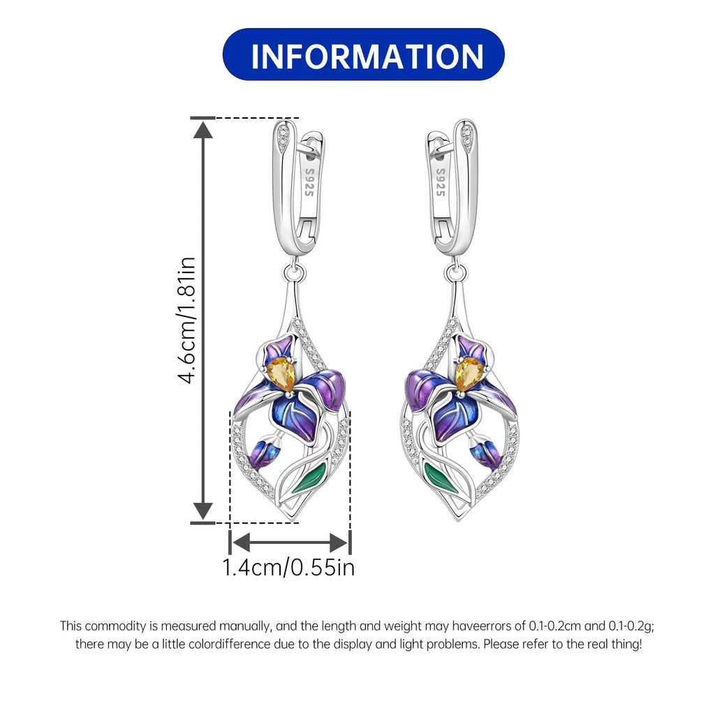 Orstarry 925 Sterling Silver Blue Purple Iris Flower Drop Earrings Women Earrings Charm Trend Versatile Party Jewelry Gifts