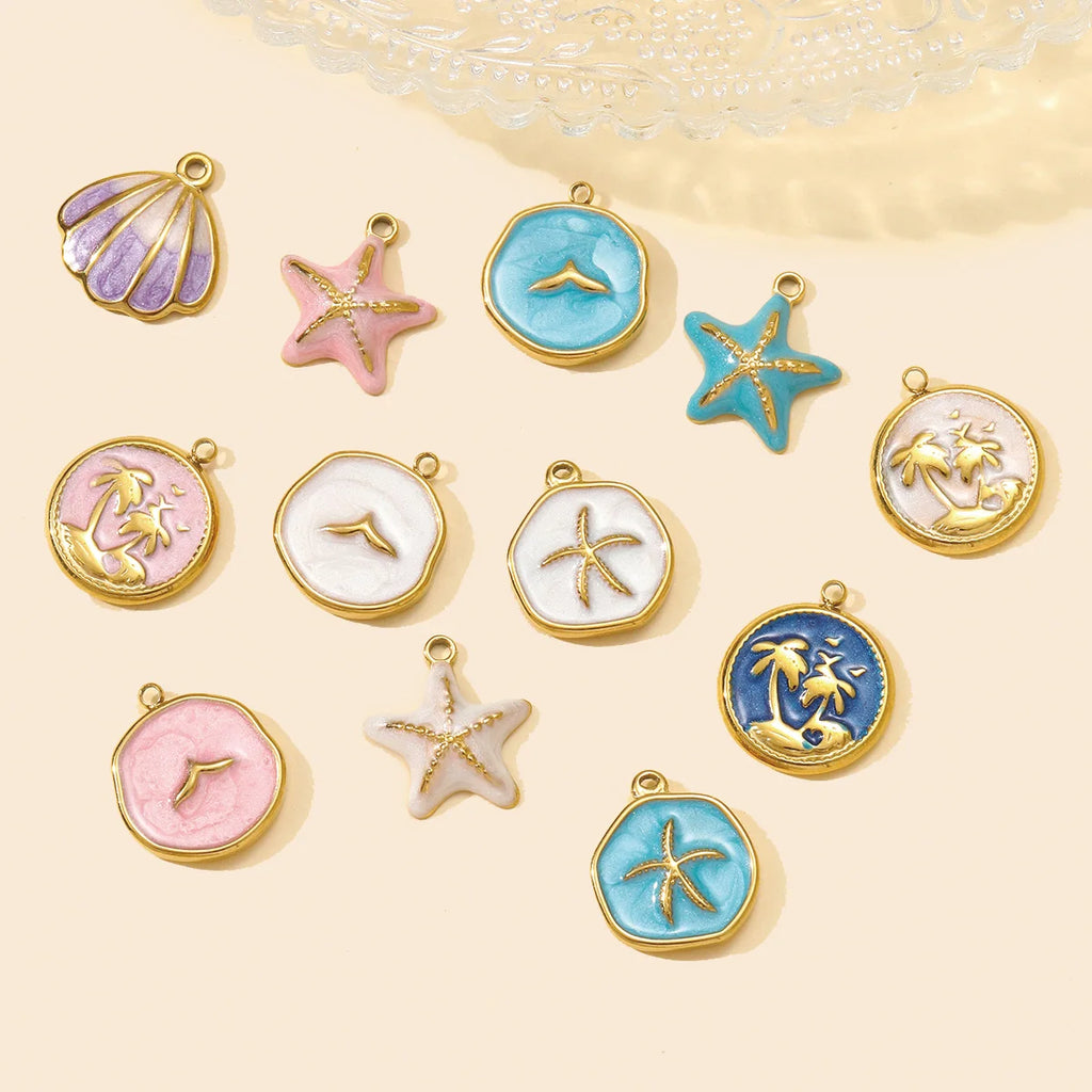 3pcs/Lot Stainless Steel Enamel Starfish Round DIY Charms Palm Tree Fishtail Necklace Pendants Woman Summer Holiday Jewelry