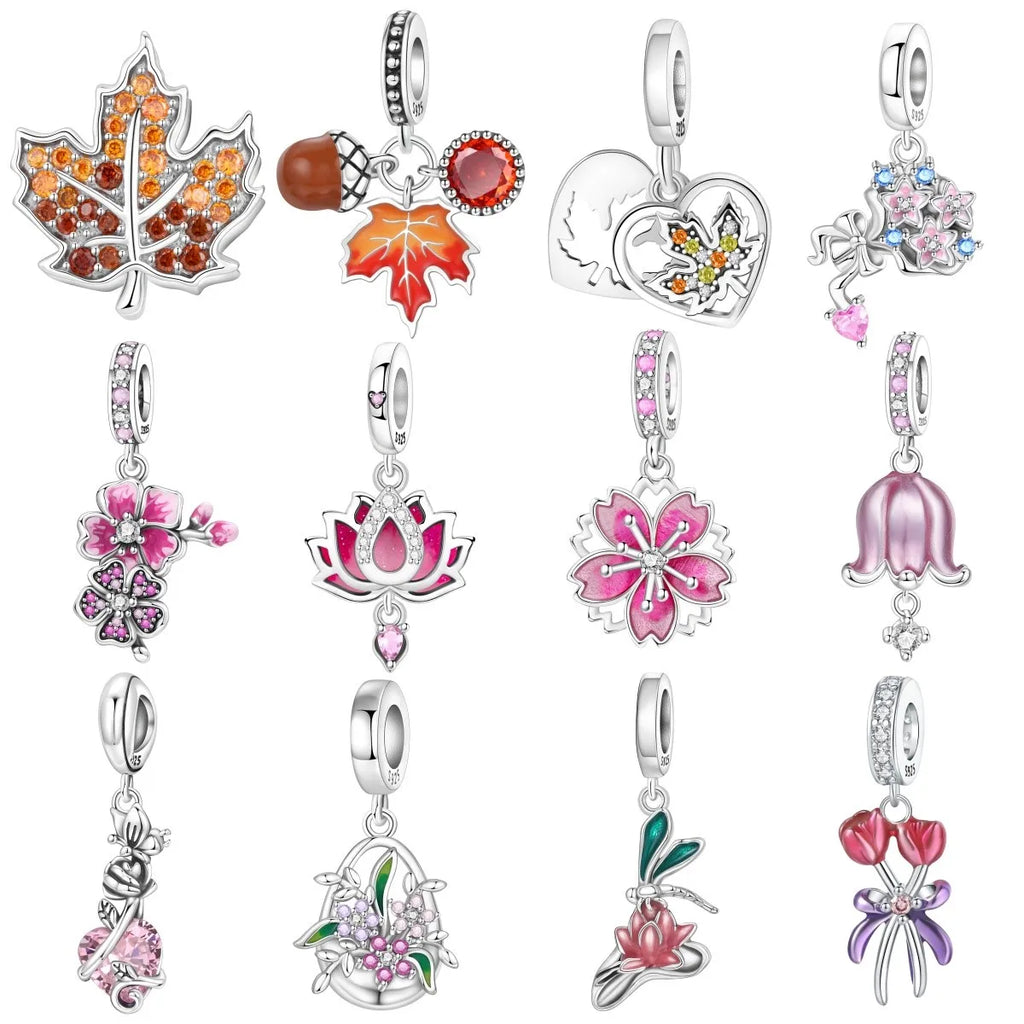 MISEFF S925 Sterling Silver Charm Pink Cherry Blossoms and Lotus Flowers Pendant Original Jewelry Making DIY Mother's Day Gifts