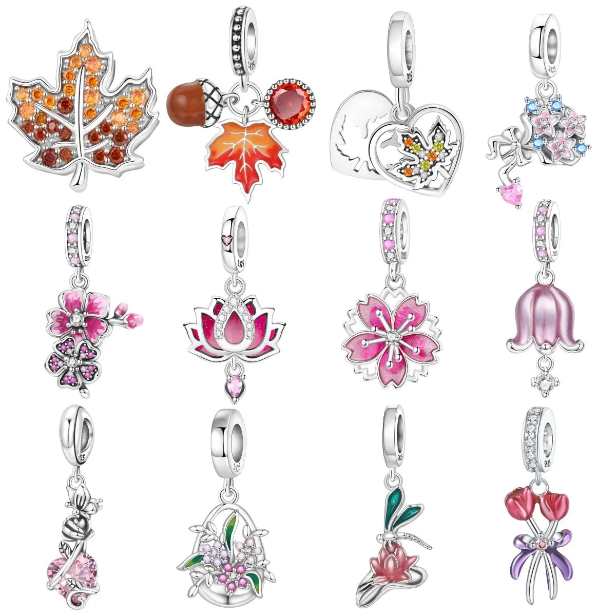 MISEFF S925 Sterling Silver Charm Pink Cherry Blossoms and Lotus Flowers Pendant Original Jewelry Making DIY Mother's Day Gifts