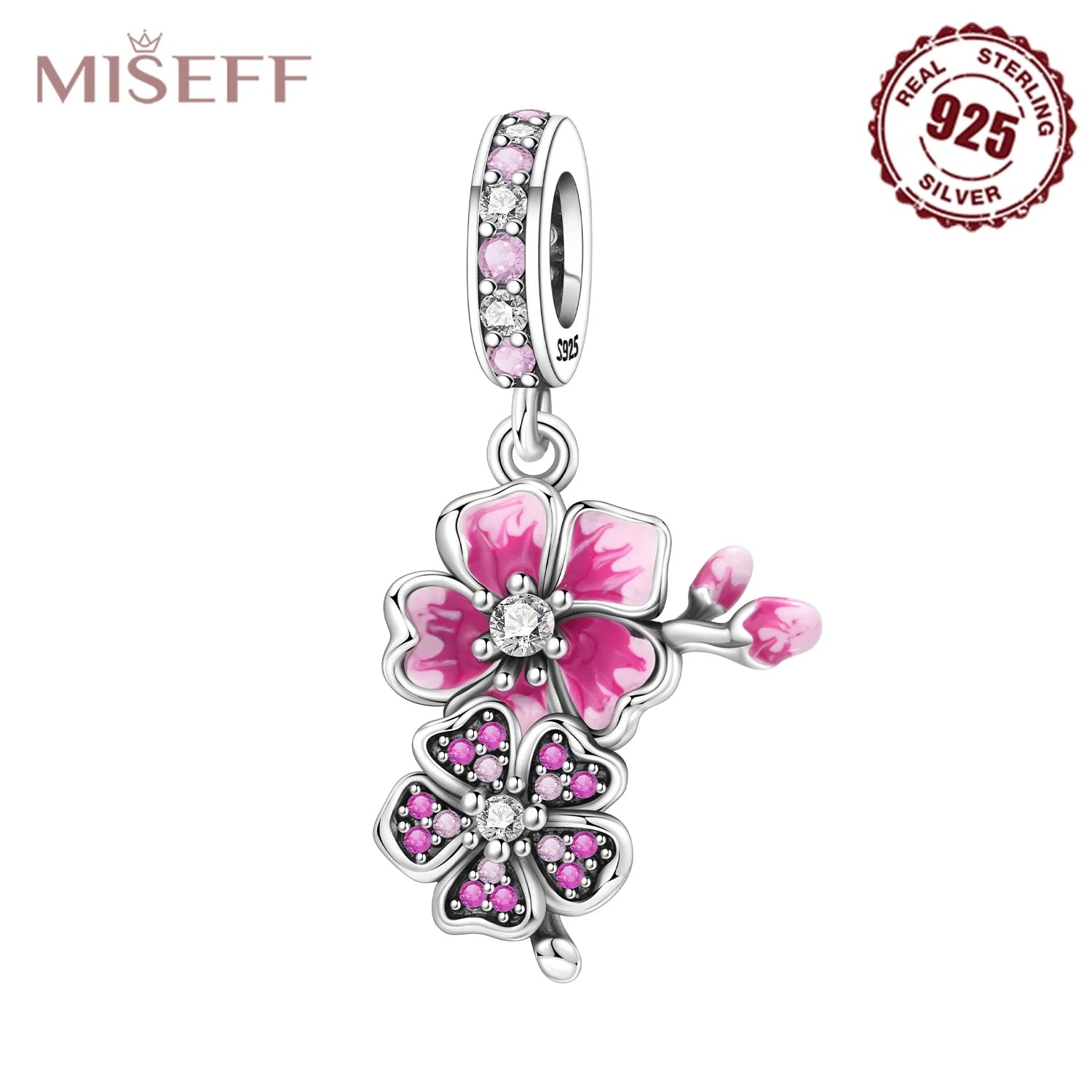 MISEFF S925 Sterling Silver Charm Pink Cherry Blossoms and Lotus Flowers Pendant Original Jewelry Making DIY Mother's Day Gifts