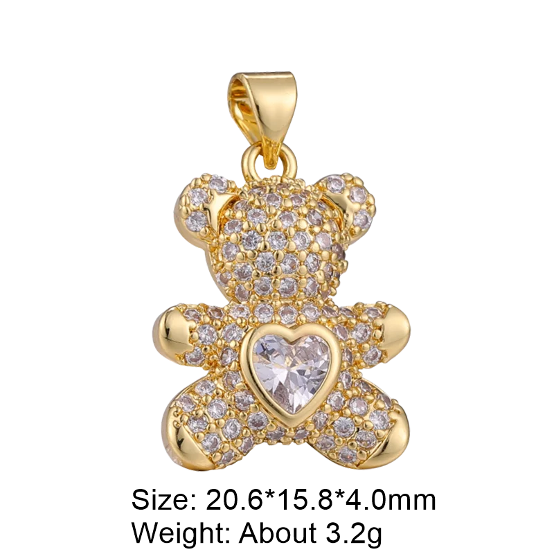 Juya 18K Real Gold Plated Animal Pendants Supplies Handmade Cubic Zirconia Cute Bear Charms For DIY Women Fashion Jewelry Making