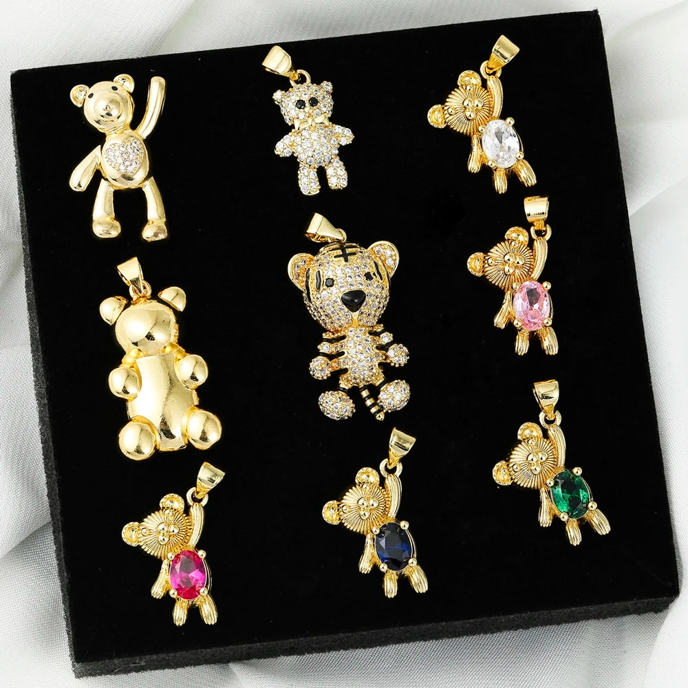 Juya 18K Real Gold Plated Animal Pendants Supplies Handmade Cubic Zirconia Cute Bear Charms For DIY Women Fashion Jewelry Making