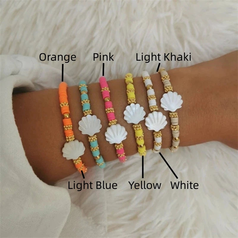 CCGOOD Stackable Polymer Clay Heishi Bracelet for Women Natural Shell Scallop Shaped Bracelets Gift Boho Summer Beach Jewelry