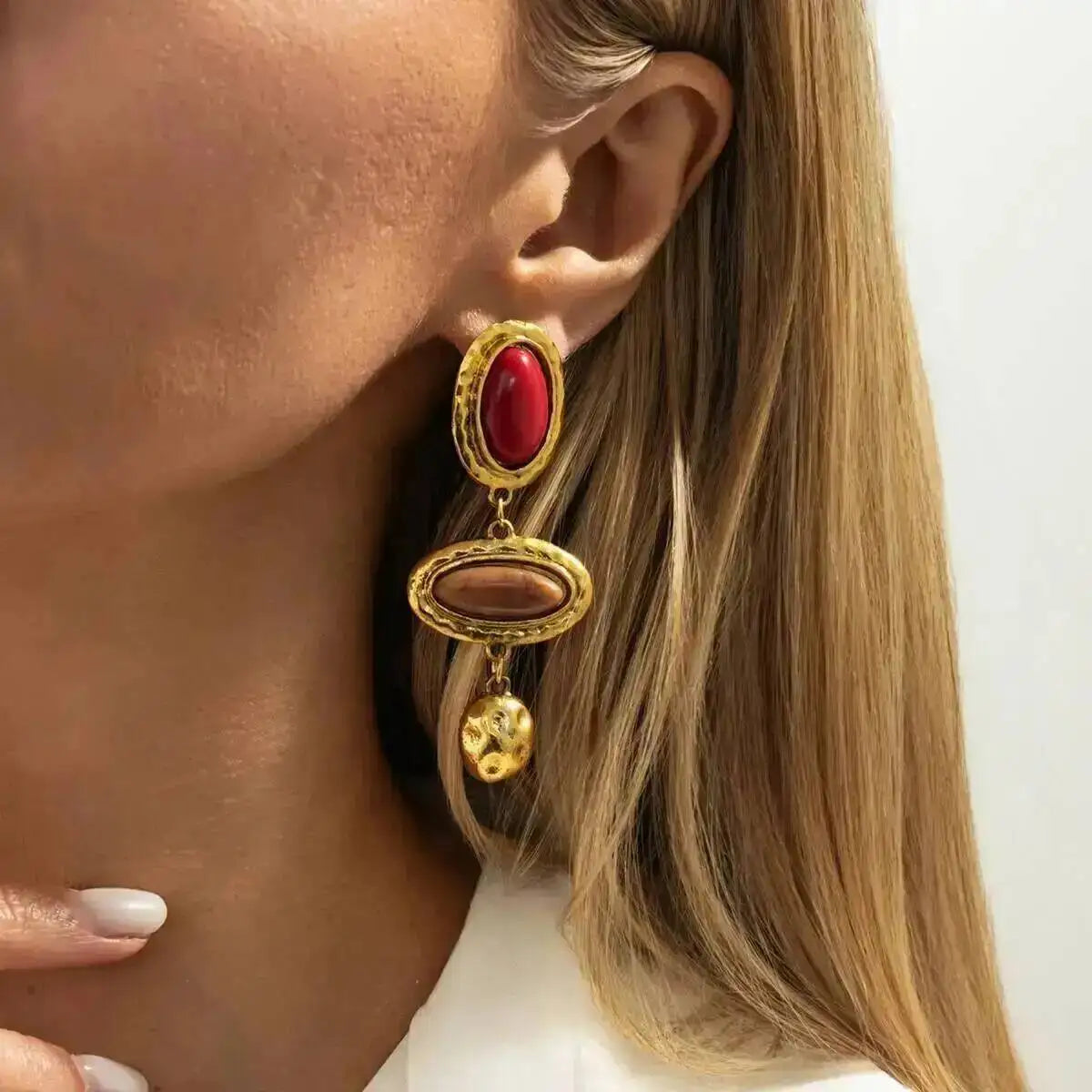 Boucles d'Oreilles Pendantes Résine Ovale - Style Vintage Doré