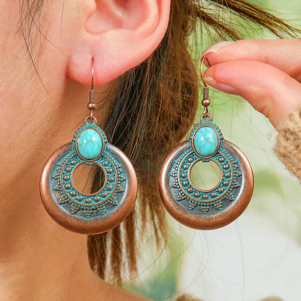 Ethnic Indian Antique Alloy Earring Women's Metal Leaf Tassel Hollow Round Earrings Bohemia Pendientes Jewelry Accessories