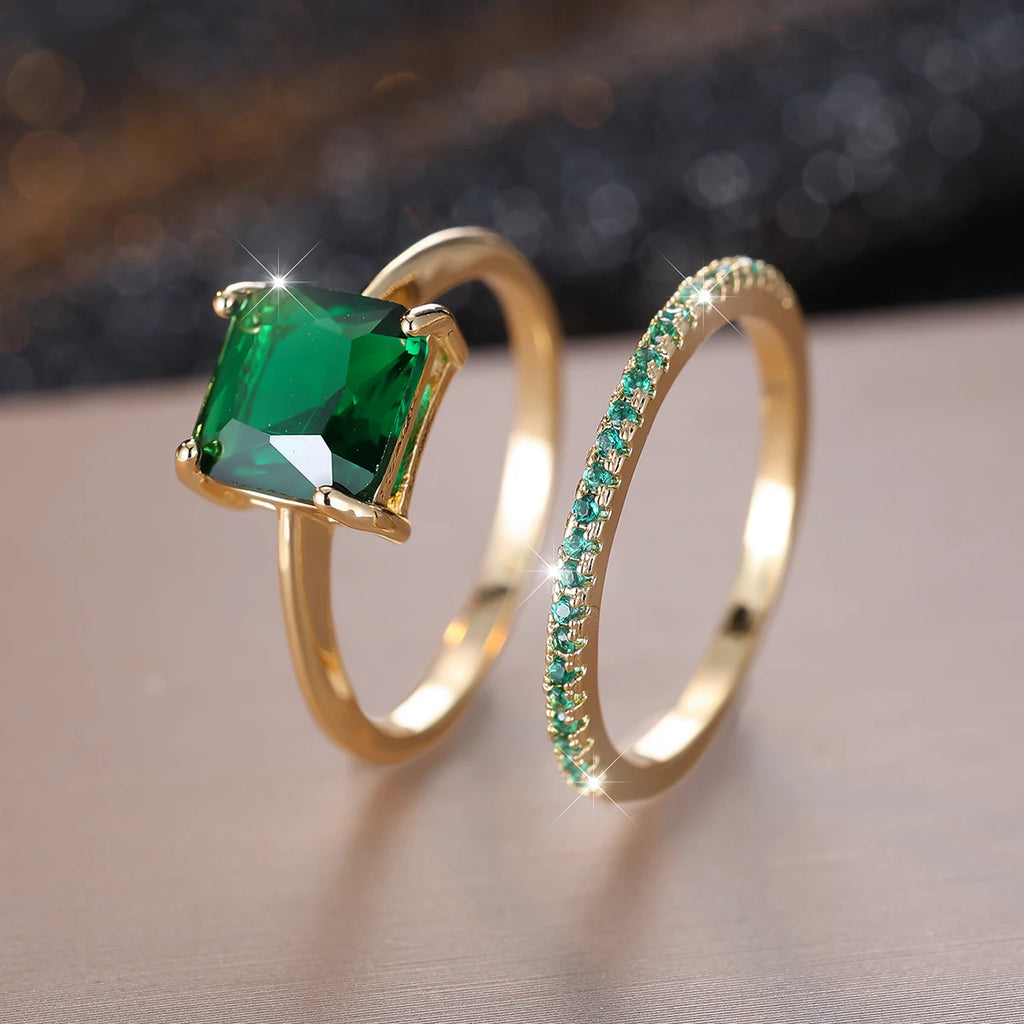 Set 2 Bagues Fiançailles Zircon Rouge & Vert - Coupe Princesse Or