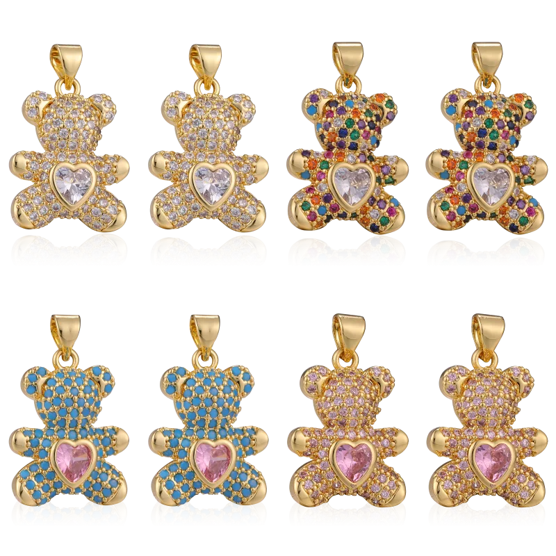 Juya 18K Real Gold Plated Animal Pendants Supplies Handmade Cubic Zirconia Cute Bear Charms For DIY Women Fashion Jewelry Making