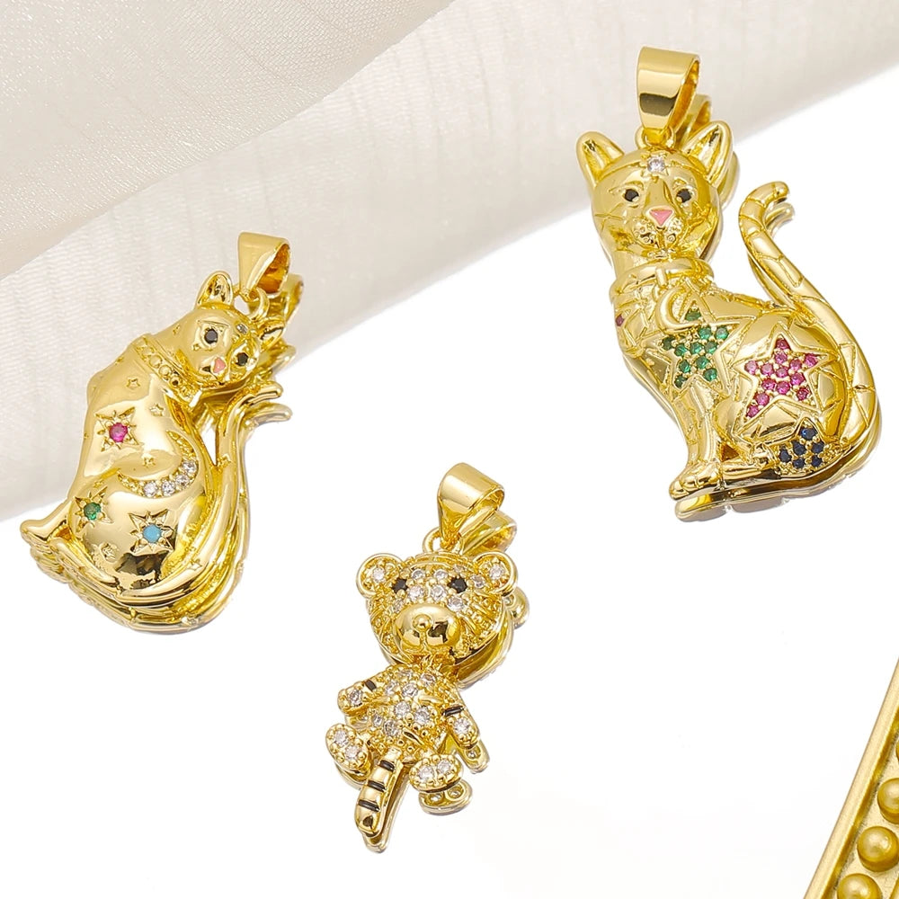Juya 18K Real Gold Plated Animal Pendants Supplies Handmade Cubic Zirconia Cute Bear Charms For DIY Women Fashion Jewelry Making