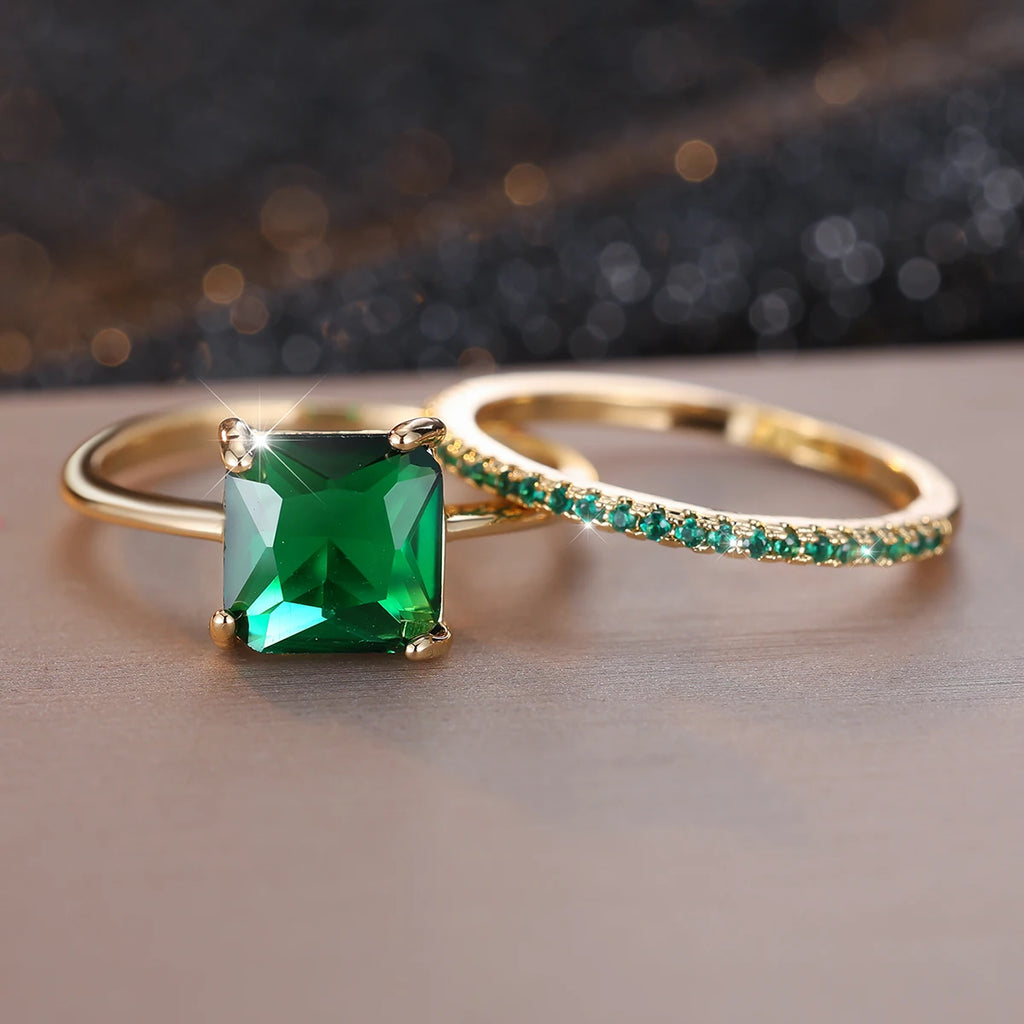 Set 2 Bagues Fiançailles Zircon Rouge & Vert - Coupe Princesse Or