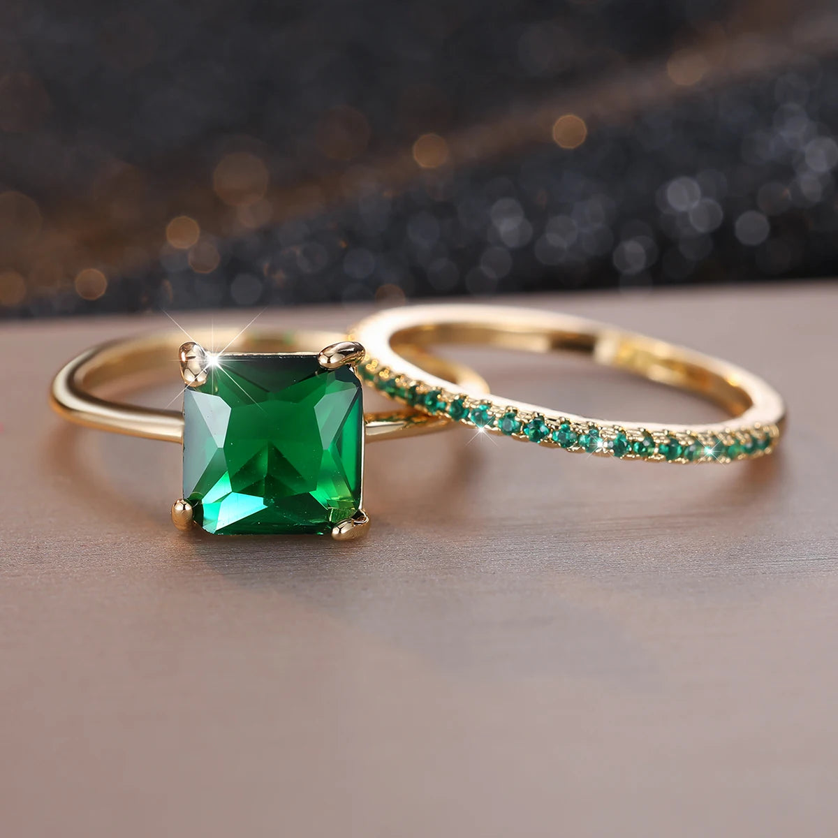 Set 2 Bagues Fiançailles Zircon Rouge & Vert - Coupe Princesse Or