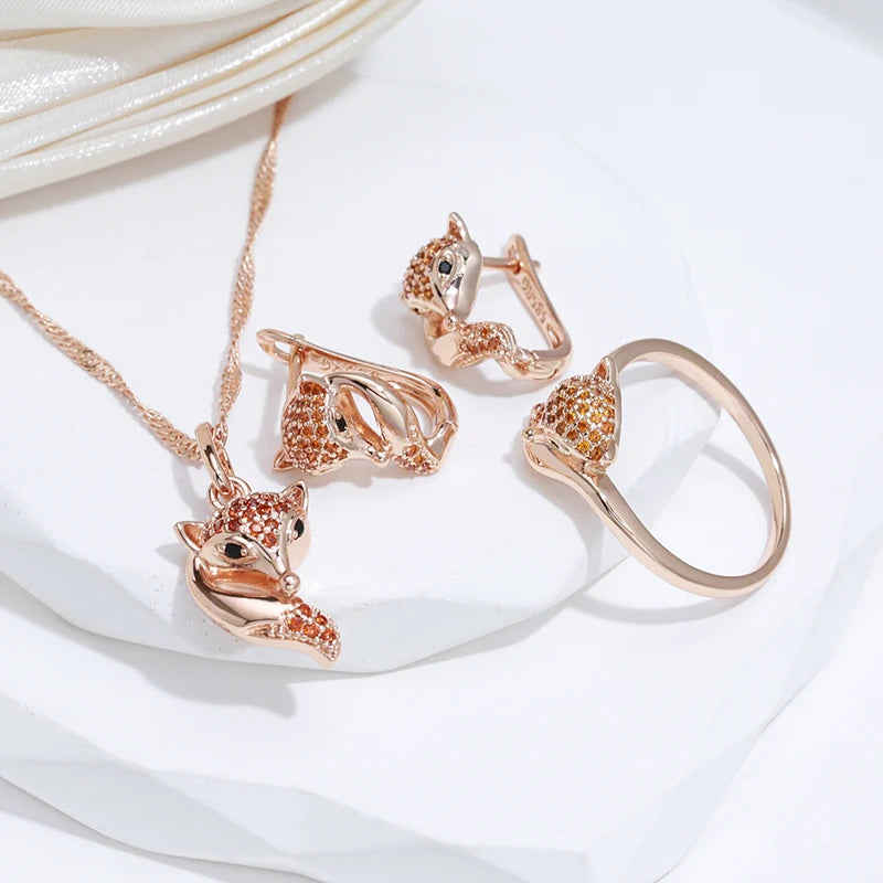 Collier Pendentif Renard Zircon Rouge - Or Rose 585 pour Femme