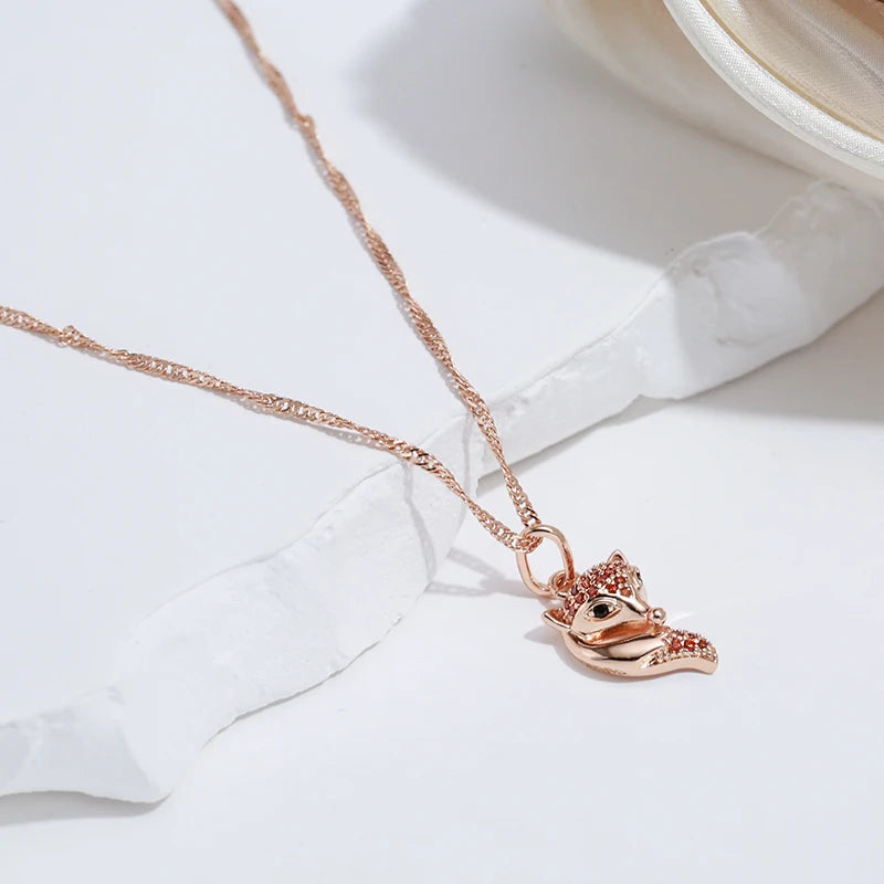 Collier Pendentif Renard Zircon Rouge - Or Rose 585 pour Femme