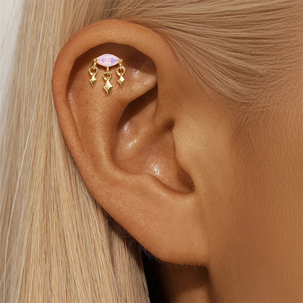 CANNER 2pc 925 Silver Opal Stars Moon Stud Earrings For Women 18K Gold Flat Head Threaded Puncture Ear Bone Ins Fine Jewelry