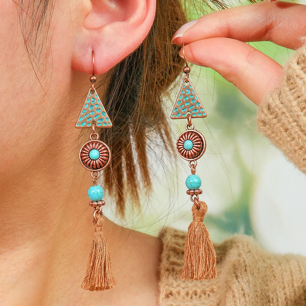 Ethnic Indian Antique Alloy Earring Women's Metal Leaf Tassel Hollow Round Earrings Bohemia Pendientes Jewelry Accessories