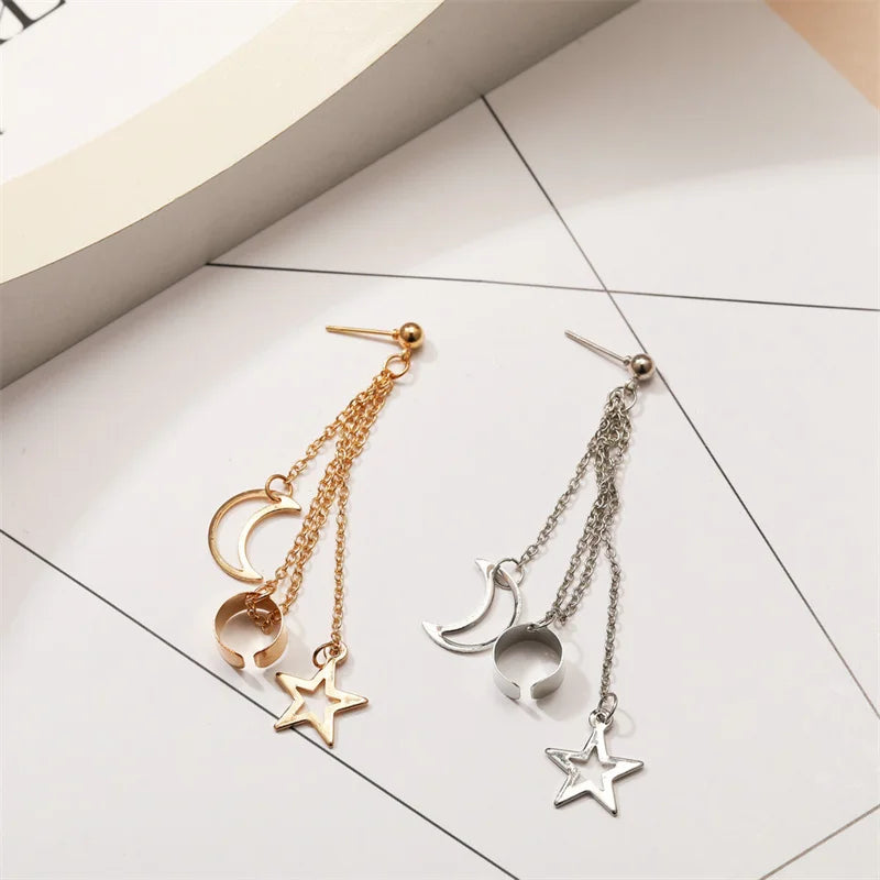 New Hiphop Clip Earrings for Women Star Moon Pendants Ear Cuff Punk Personality Gold Color Tassel Ear Clips aretes de mujer