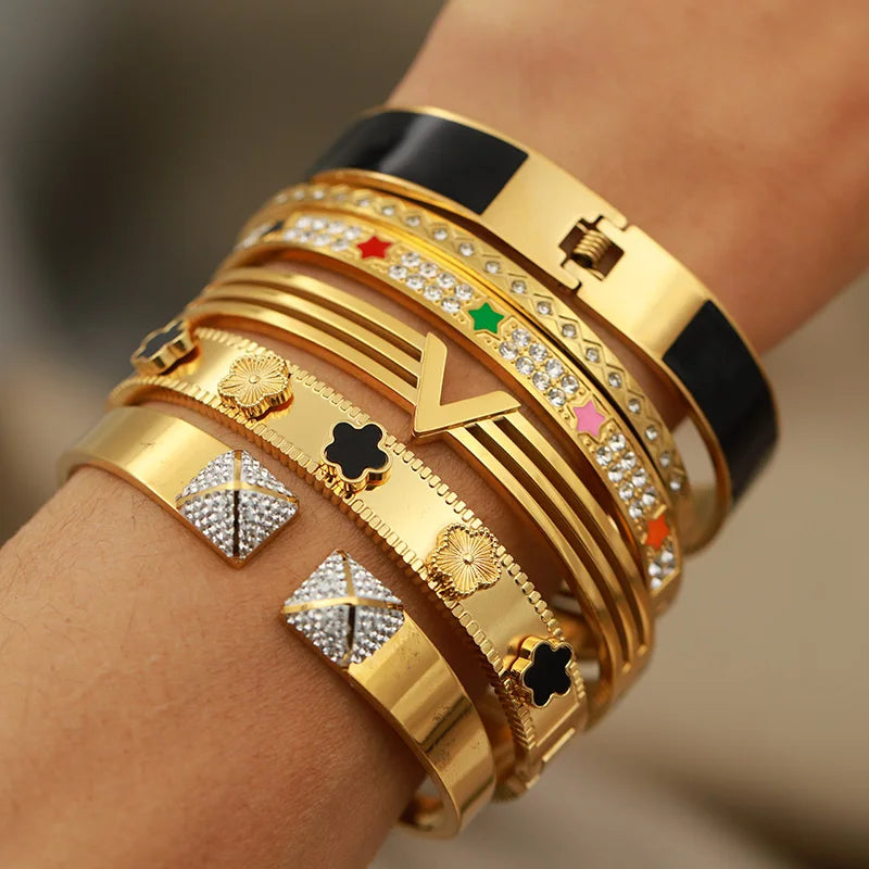 Bracelet Jonc Acier Inoxydable Lettre V & Zircon - Luxe Minimaliste
