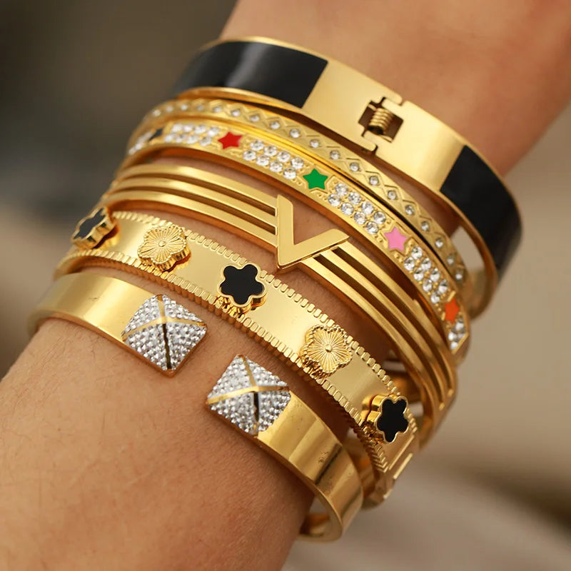 Bracelet Jonc Acier Inoxydable Lettre V & Zircon - Luxe Minimaliste