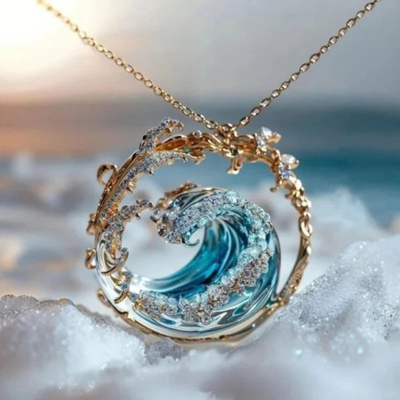 Set 4 Pièces Bijoux Vague Océan - Collier, Boucles, Bague & Pendentif