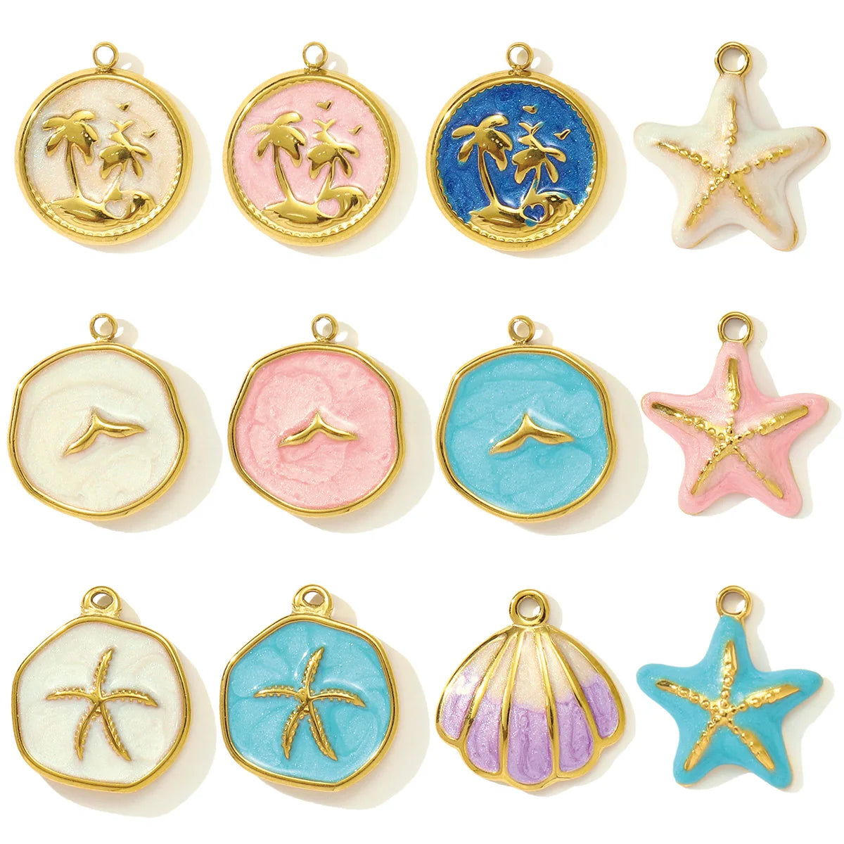 3pcs/Lot Stainless Steel Enamel Starfish Round DIY Charms Palm Tree Fishtail Necklace Pendants Woman Summer Holiday Jewelry