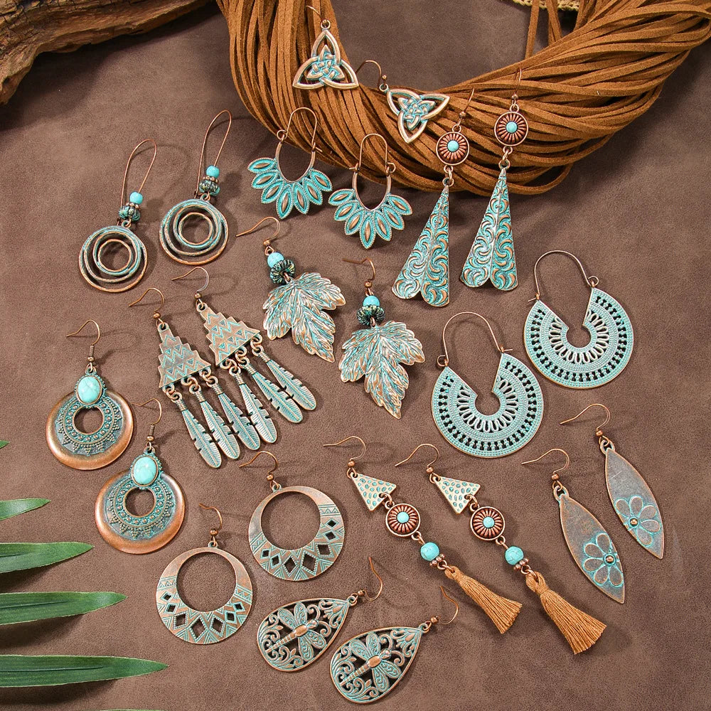 Ethnic Indian Antique Alloy Earring Women's Metal Leaf Tassel Hollow Round Earrings Bohemia Pendientes Jewelry Accessories