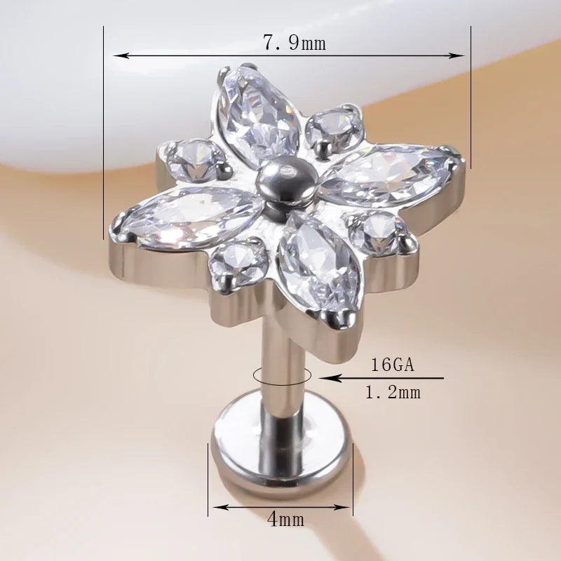 G23 Titanium 4 Marquise Stone and 4 CZ Top Paved Top PIERC Labret Lip Stud Ear Cartilage Helix Piercing Ear Studs Body Jewelry